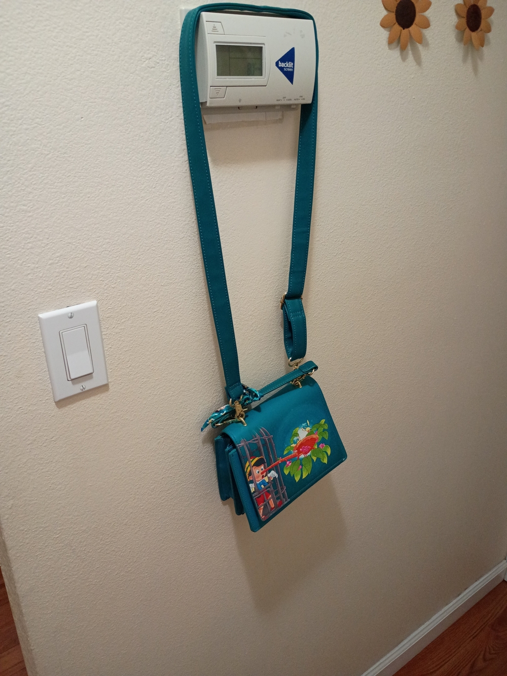 Disney Loungefly Teal Crossbody Purse with Floral & Character Artwork Pinnochi
